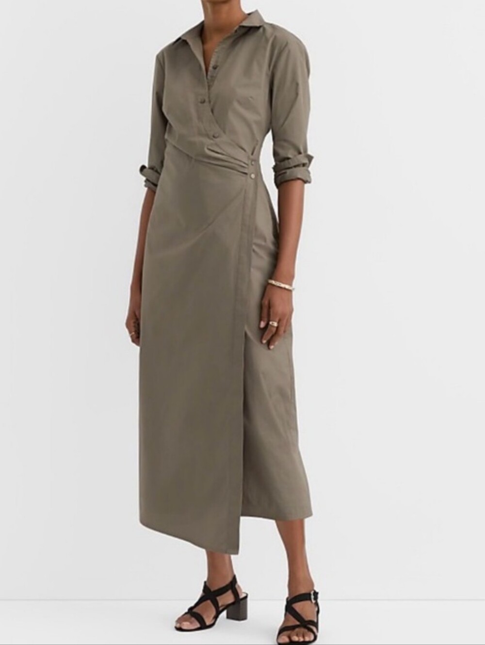 LOFT Taupe Wrap-Style Long Sleeve Shirt Dress